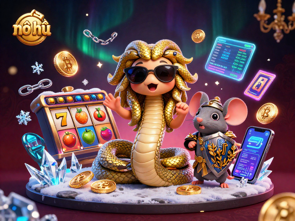 Experience nổ hũ action with vibrant slot reels, Bitcoin coins, and playful characters in a captivating casino scene.