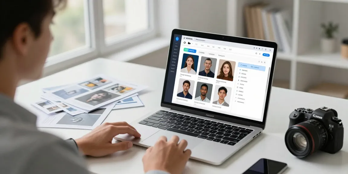 Engaged user utilizing the free ai detector tool on a laptop surrounded by image formats.