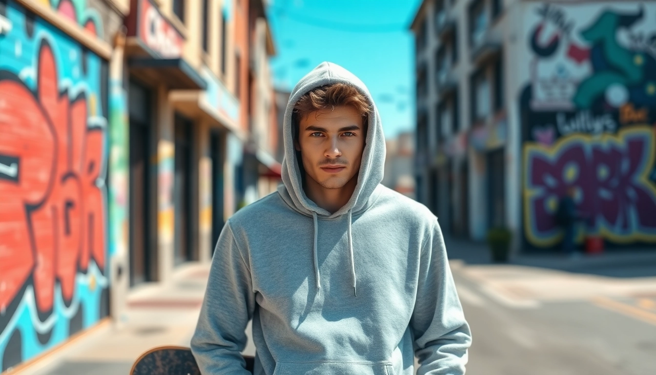 Discover the comfort of plain hoodies worn by a model in a vibrant urban setting.