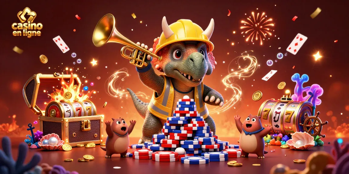 Visualisez des jeux de casino en ligne avec un triceratops amusant construisant des piles de jetons à travers une scène colorée.
