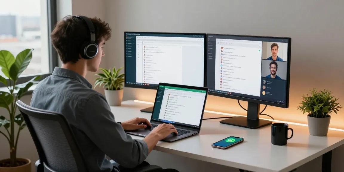 Using WhatsApp電腦版 on a sleek laptop in a modern workspace.