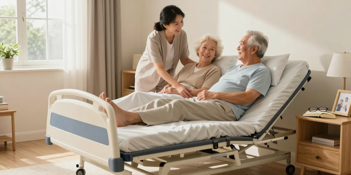 Scene with elderly couple using a長者護理床 in a cozy bedroom, showcasing caregiver support and comfort.
