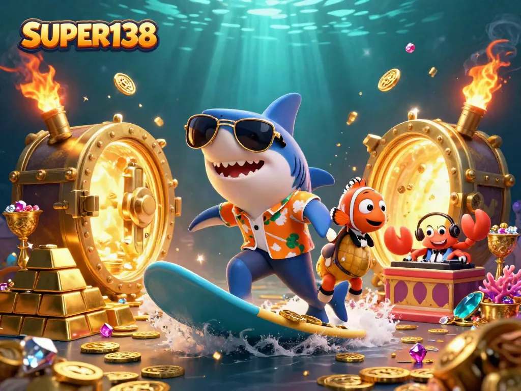Experience the thrill of SUPER138 with a vibrant casino scene featuring a shark, clownfish, and crab DJ.