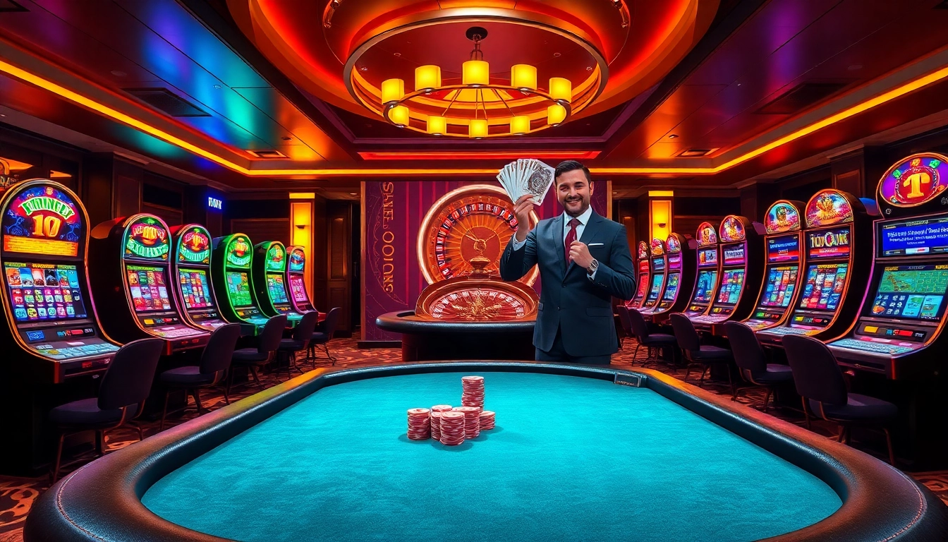 Experience the thrill of Jogoluck with a vibrant casino scene showcasing poker chips and a roulette wheel.