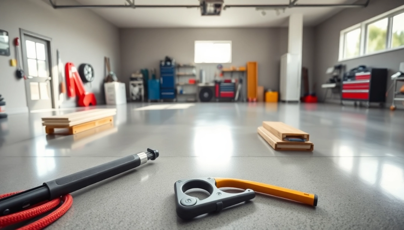 Transform garage floors with polished concrete, highlighting installation tools and a bright atmosphere.