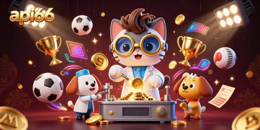 api66 showcases a lively 3D scene of a mad scientist cat creating a coin-replicating machine, perfect for online gaming.