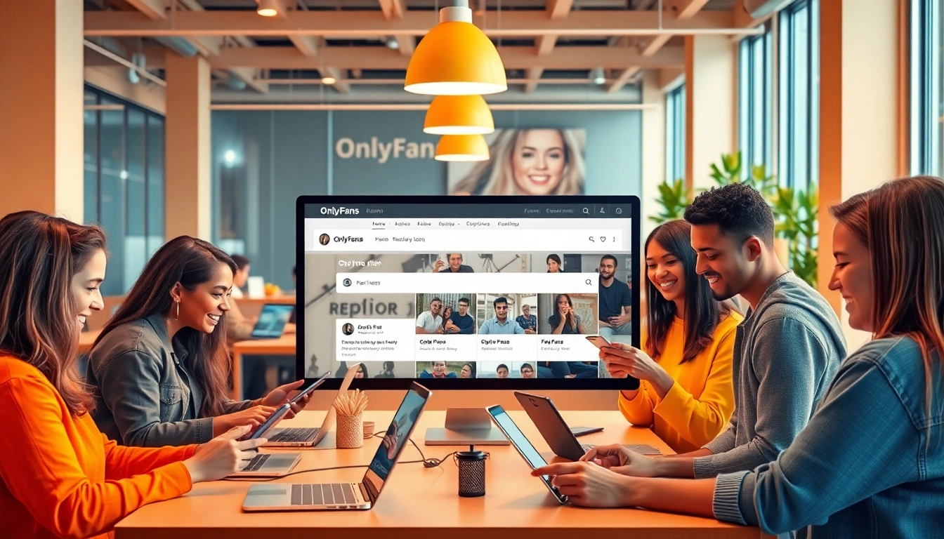 Engaged users conducting an onlyfans search by keywords on modern devices in a vibrant workspace.