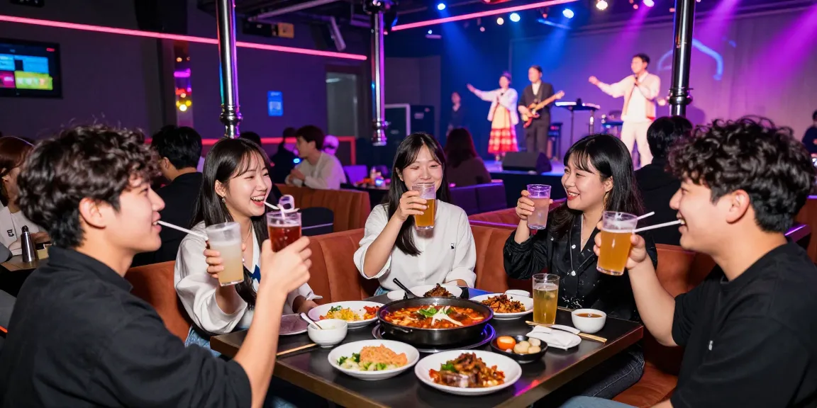 Friends enjoying nightlife at 상봉동 한국관나이트 with vibrant atmosphere, drinks, and traditional cuisine