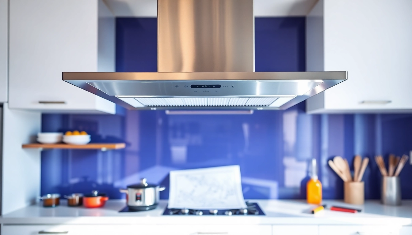 Visualize an exhaust hood installation in a modern kitchen, showcasing sleek design and professional tools.