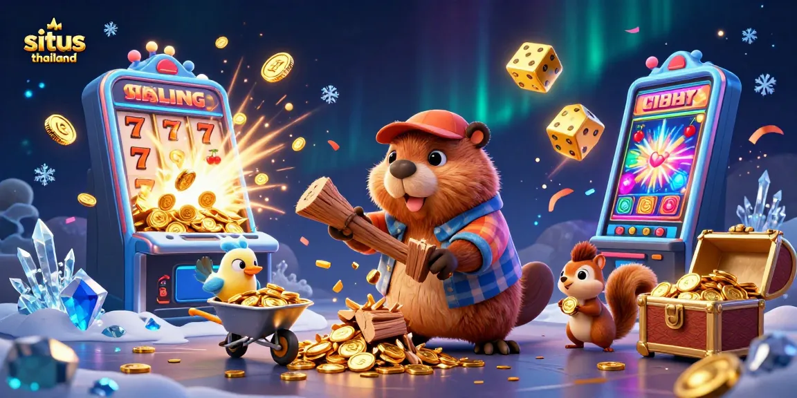 Spin and win at situs thailand with vibrant slot machines and animated characters celebrating jackpots.