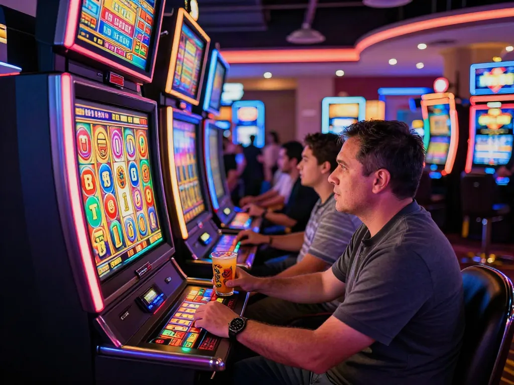 Permainan slot777 yang mengasyikkan dengan mesin slot berwarna-warni dan pemain yang fokus.