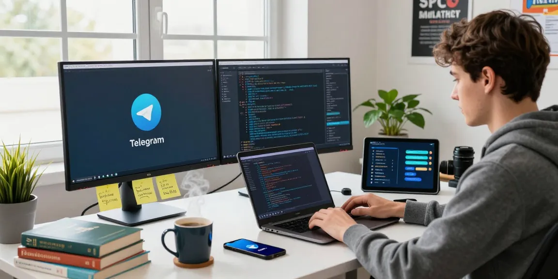 Developer coding Telegram中文版下载 on dual monitors in a modern office