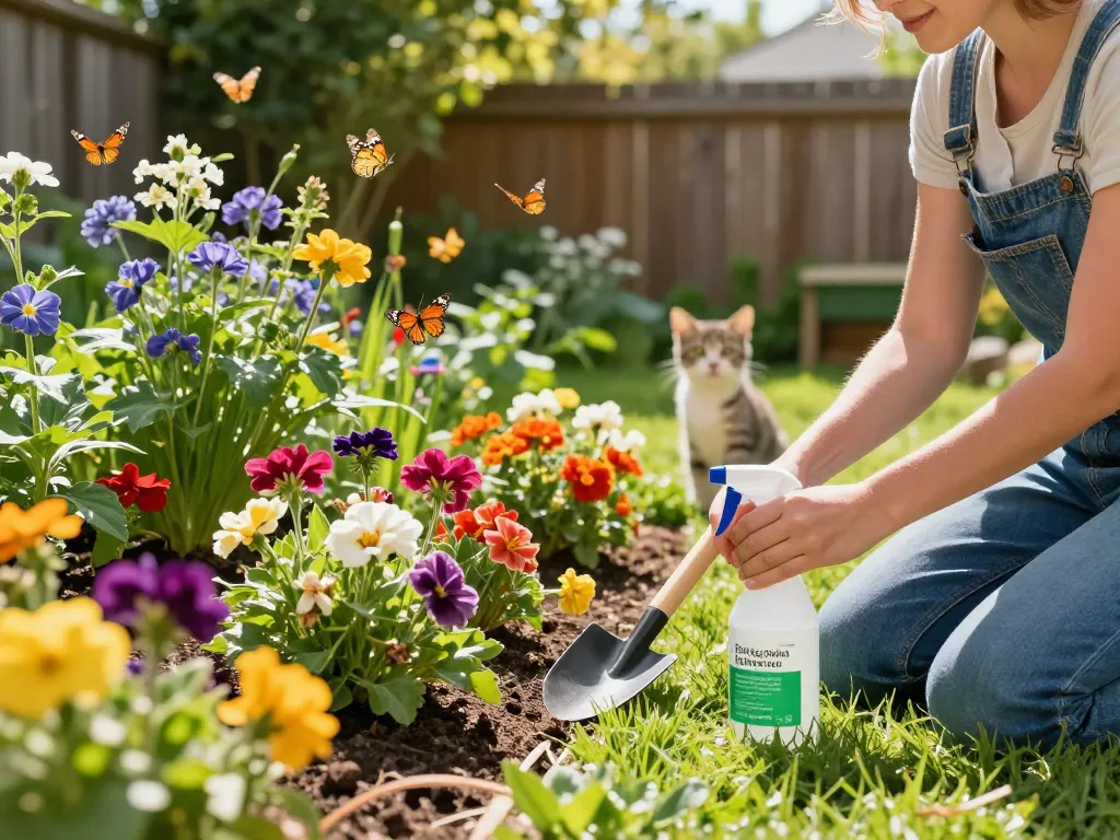Applying pest control tips in vibrant garden setting with flowers.
