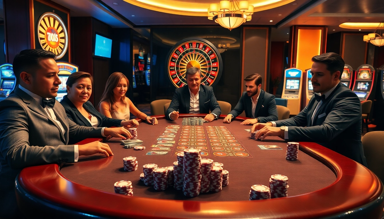 Players enjoying a thrilling poker game at the luxurious casino associated with tập đoàn kjc.