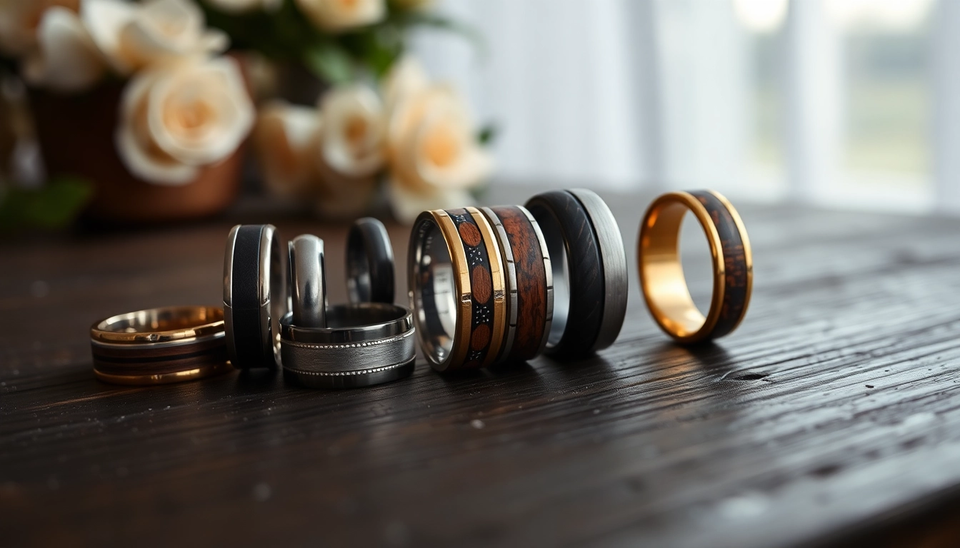 Showcasing Unique Wedding Bands for Men with diverse designs and materials in a refined setting.