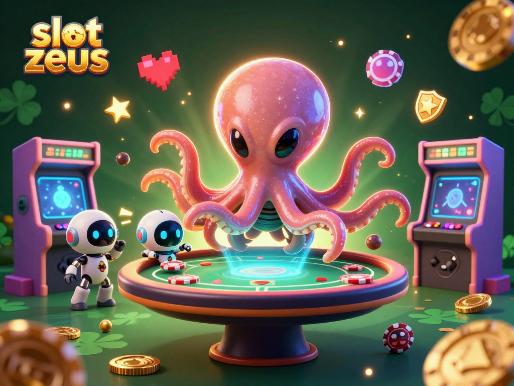 Spin mega wins with slot zeus in this dynamic alien casino illustration featuring exciting game elements.
