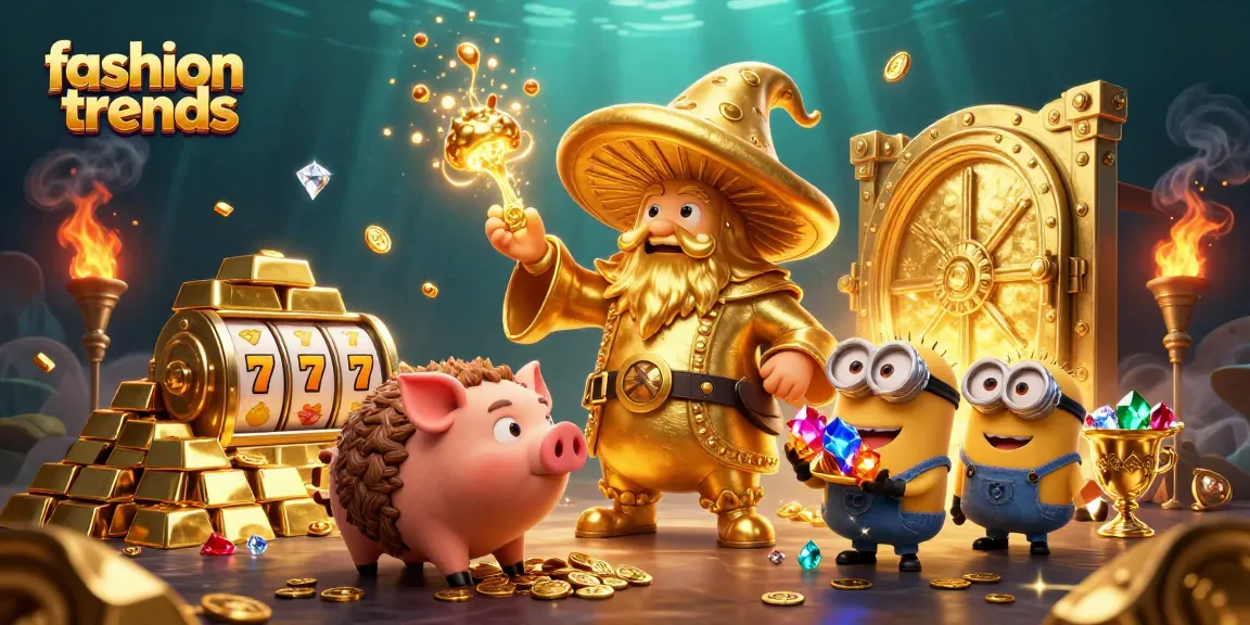Engage in fashion trends with a golden mushroom wizard amidst a vibrant casino scene filled with slot symbols.
