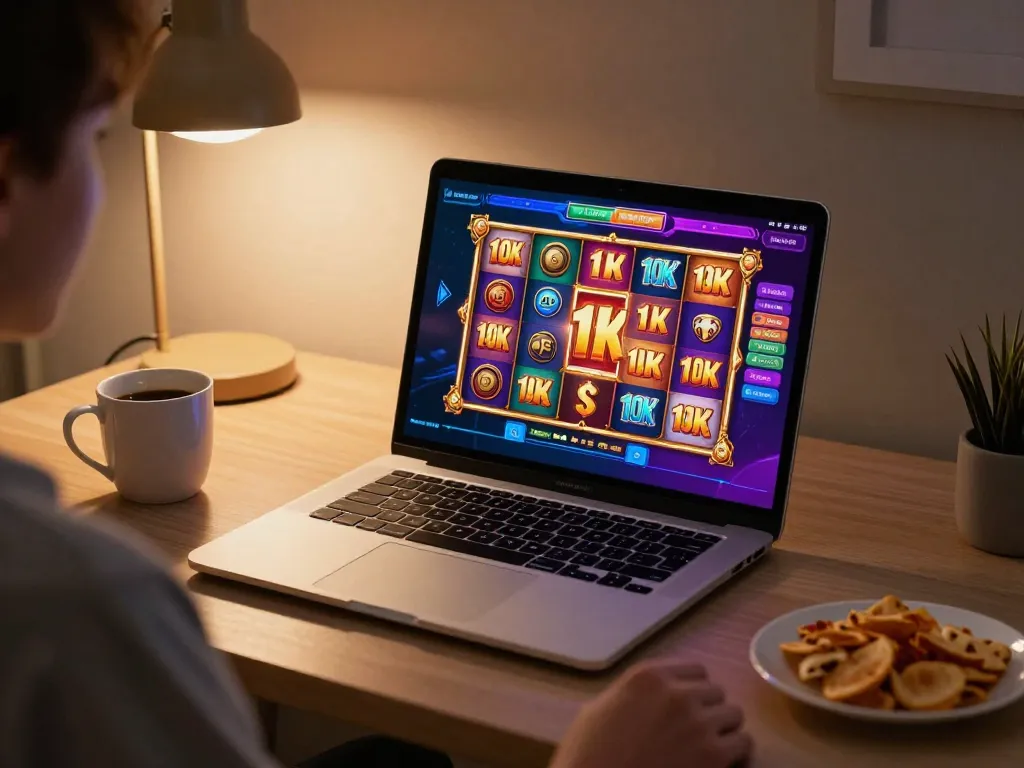 Playing the exciting slot 10k game on a laptop at home, with colorful graphics and cozy atmosphere.