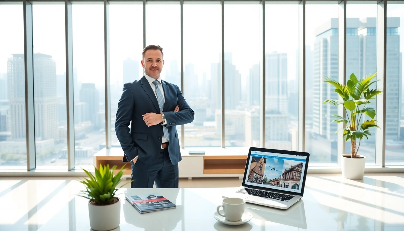 Real Estate agent showcasing expertise in a modern office environment with city skyline.