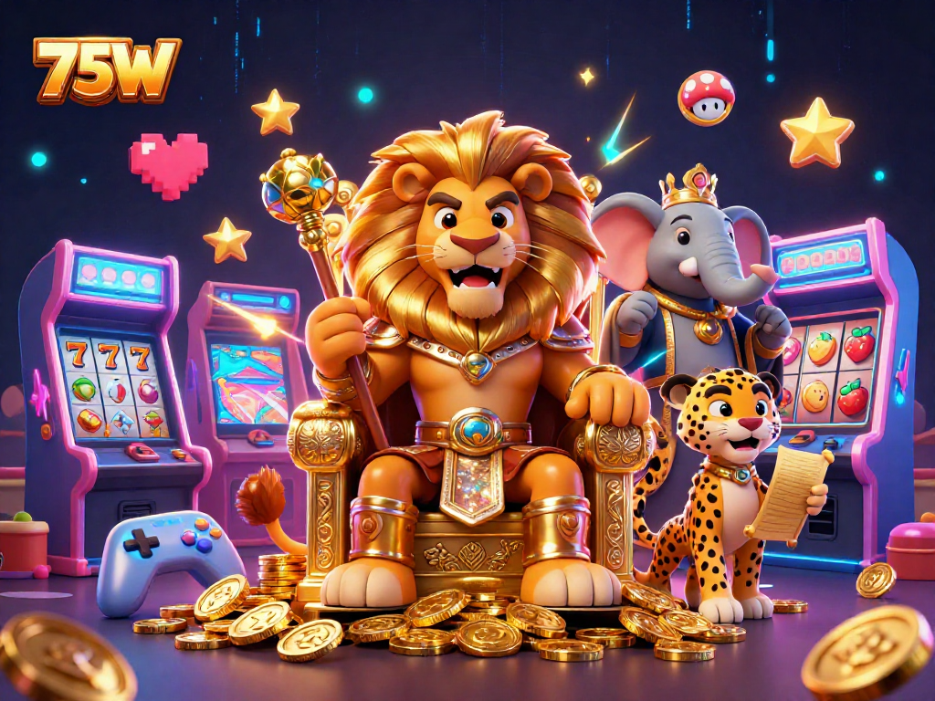 Participe da ação emocionante do cassino com 75W, mostrando o rei leão em um trono de moedas de ouro.