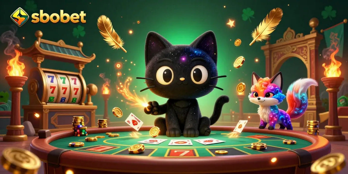 Engage with sbobet in a vibrant 3D casino scene filled with winning slots and golden tokens.