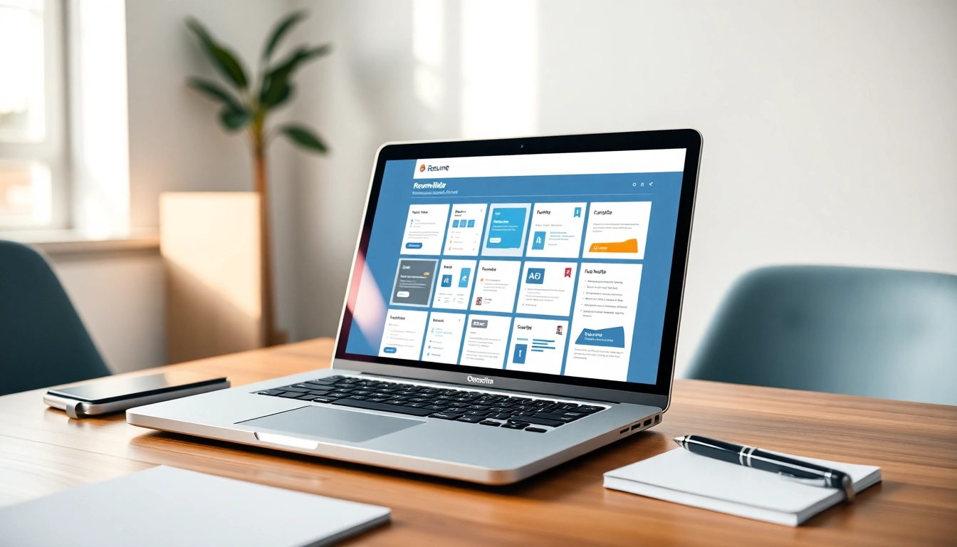 Create a resume with the Resume Builder featuring an intuitive interface and diverse templates on a stylish wooden desk.