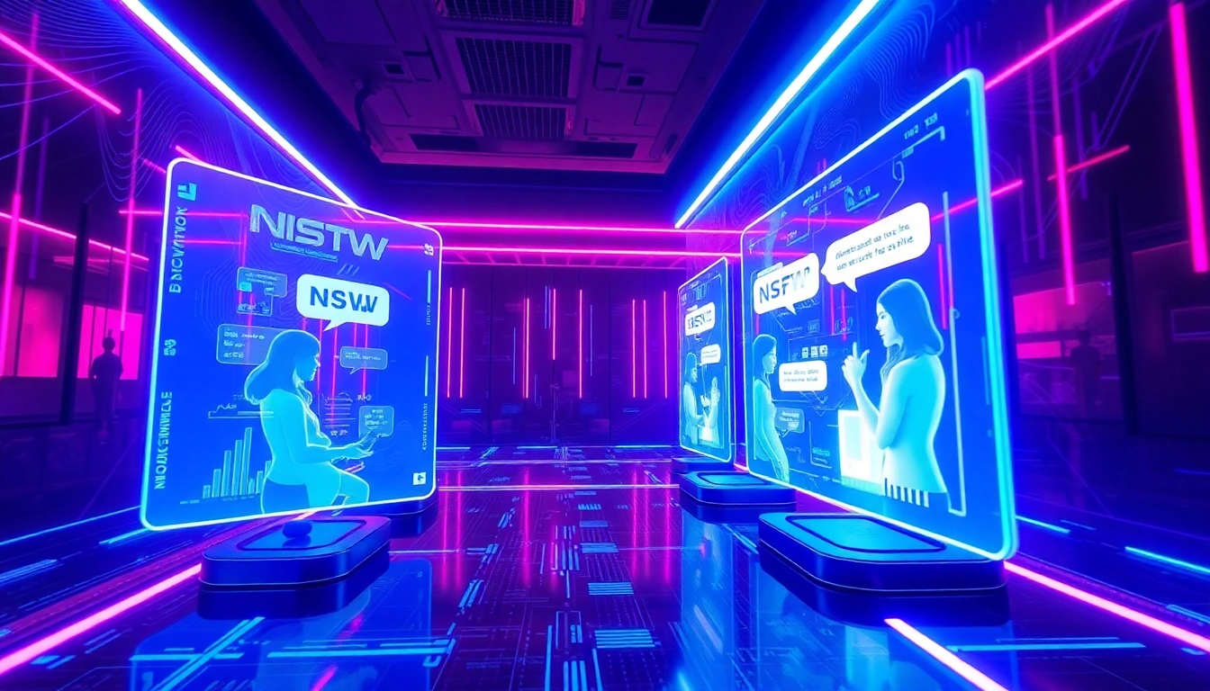 Engaging NSFW AI chat interaction in a vibrant, futuristic digital landscape.