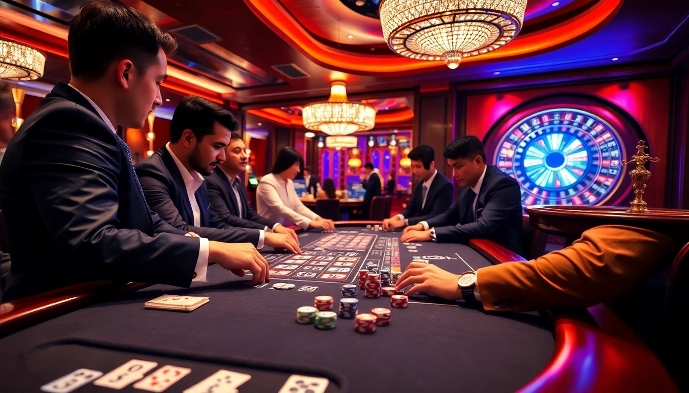 Pemain yang antusias di meja permainan togel sumo memasang taruhan di kasino mewah.