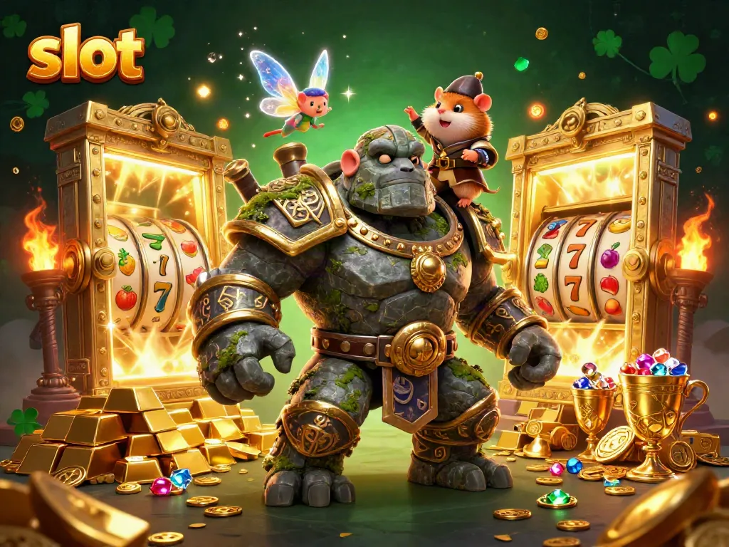 Slot menggoda dengan golem penjaga, peri, dan hamster, dikelilingi harta berlimpah.