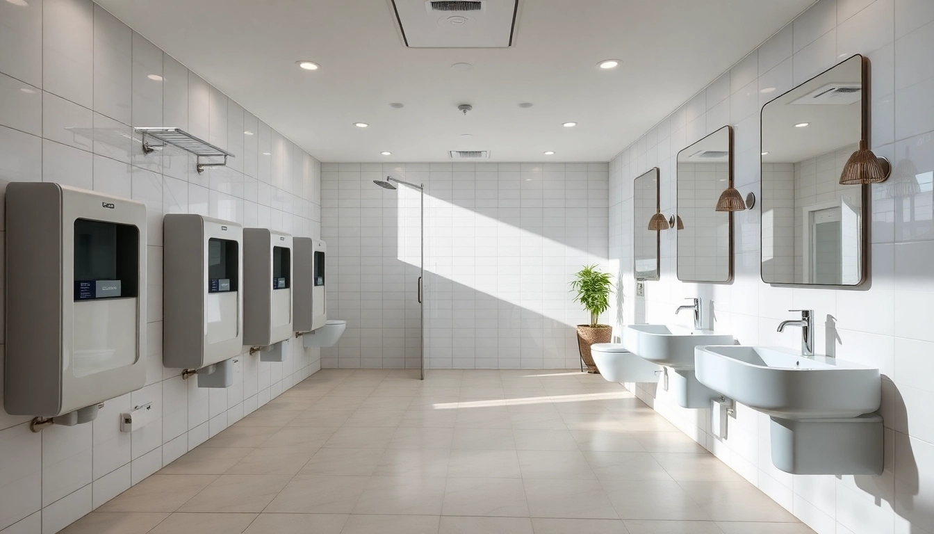 Showcasing a modern commercial toilet refurbishment with sleek fixtures and bright lighting.