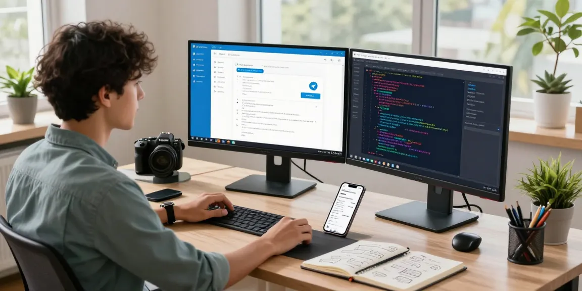 Dynamic workspace displaying telegram中文版下载 with developer coding on dual monitors and smartphone notifications.