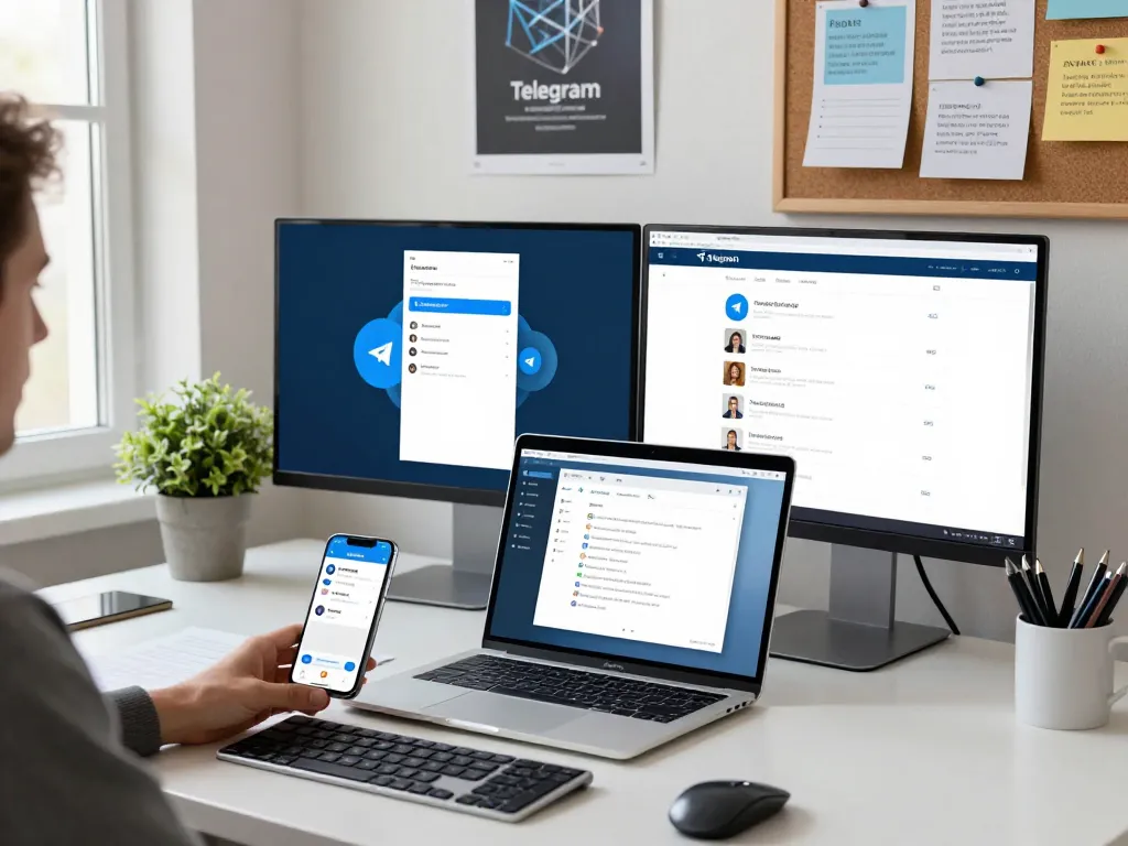 Using Telegram 电脑版 on a sleek MacBook in a modern workspace, showcasing productivity and tech features.