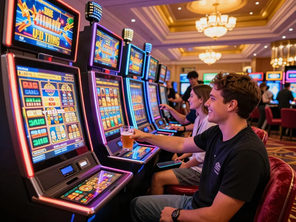 Enjoying a thrilling moment at luxury12 slot machine with friends in a vibrant casino.