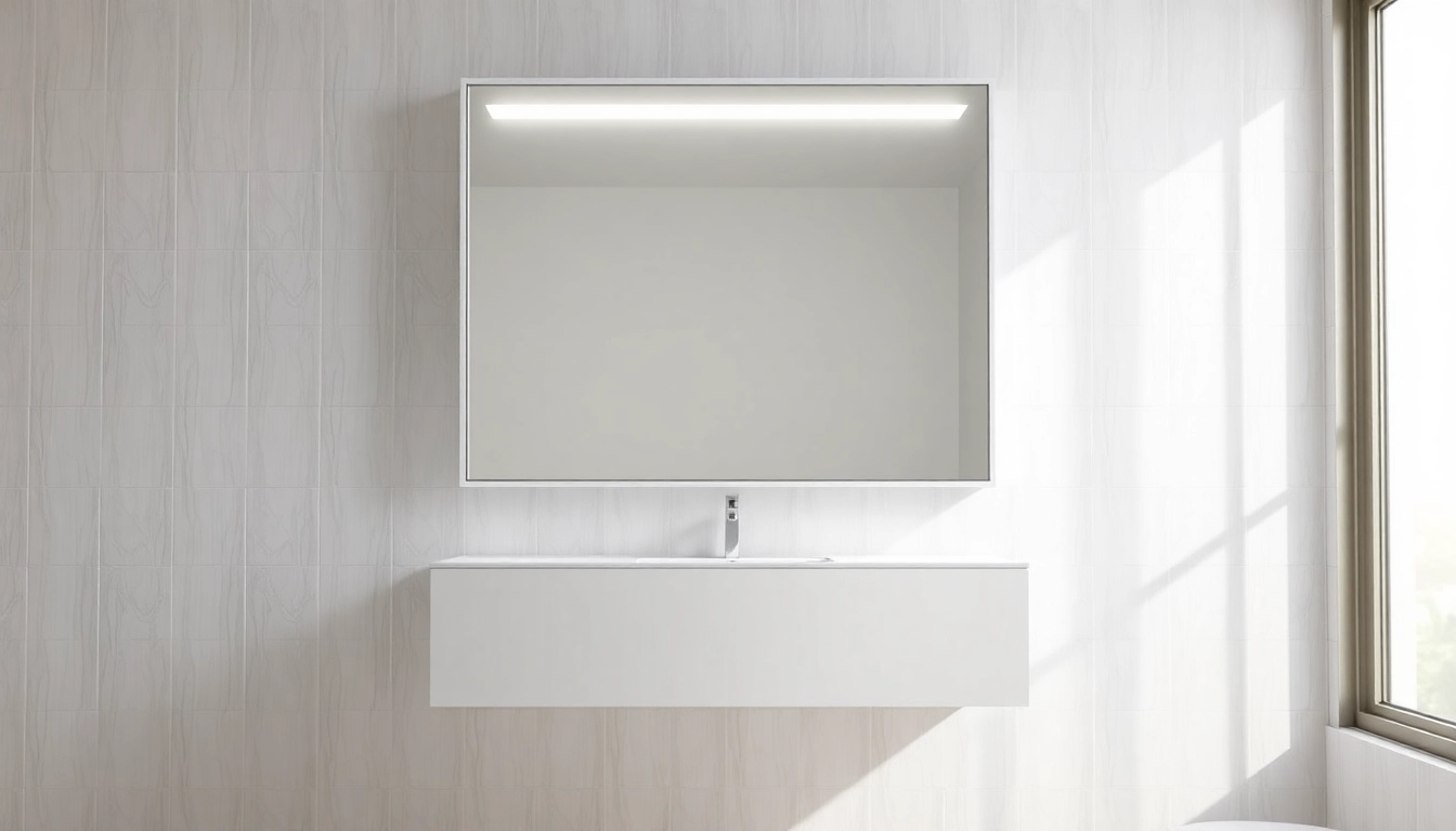 Stylish bathroom cabinet with mirror and light illuminating a contemporary space.