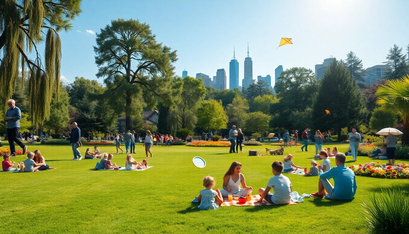 Families enjoying various Activities & Attractions in a city park with vibrant games.