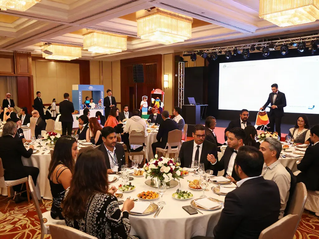 Elegant corporate gala showcasing event rental ksa with luxurious tables, attendees enjoying services, and ambient lighting.