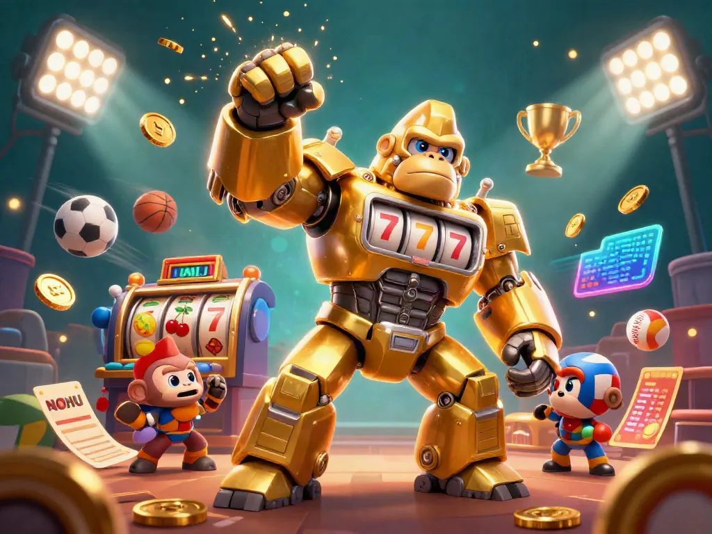 Experience thrilling adventures with NOHU as a golden gorilla mech surrounded by vibrant slot game elements and sports symbols.