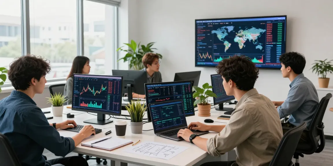 Germany stock fundamental data API illustrated in a fintech office with developers analyzing real-time market data and collaborating on strategies.