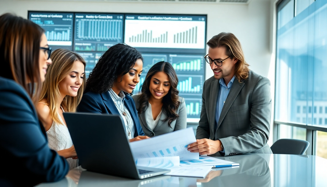 Consultants analyzing Federal and State contracts and grants in a modern office environment.