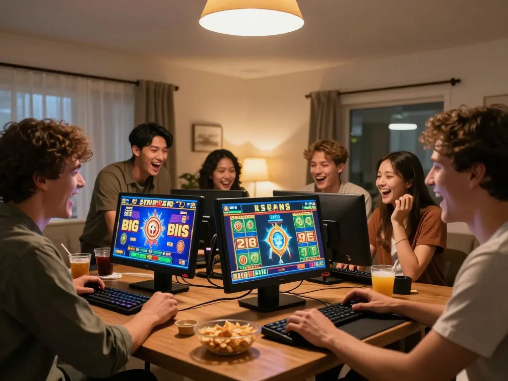 Friends celebrating big wins on HARGATOTO during an exciting online slot gaming session at home.
