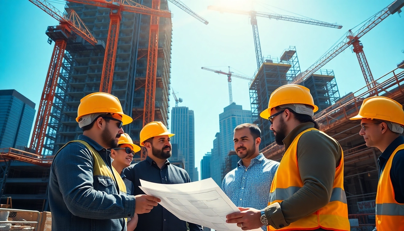 New York Commercial General Contractor team working on a high-rise project with detailed blueprints.