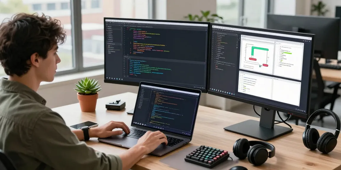 Developer engaged in coding on dual monitors in a modern workspace showcasing cika4d productivity.