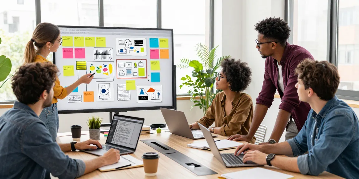 Team collaborating on a mixboard, brainstorming ideas on digital devices in a vibrant workspace.