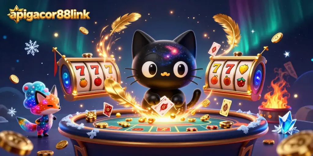 Experience the thrills of apigacor88link with cosmic characters and slot game elements in this vibrant illustration.