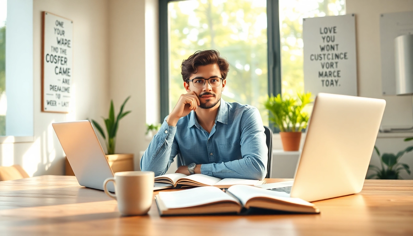 Find my true calling by reflecting in a serene office environment with warm lighting and a focus on career guidance.