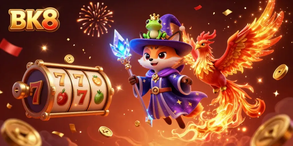 Engage with BK8’s vibrant casino scene, featuring a wizard fox and phoenix among lively slot reels.
