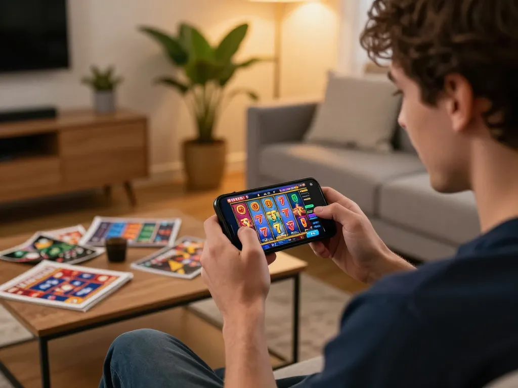 Player engaging in slot 777 online gameplay on smartphone in a cozy home setting.