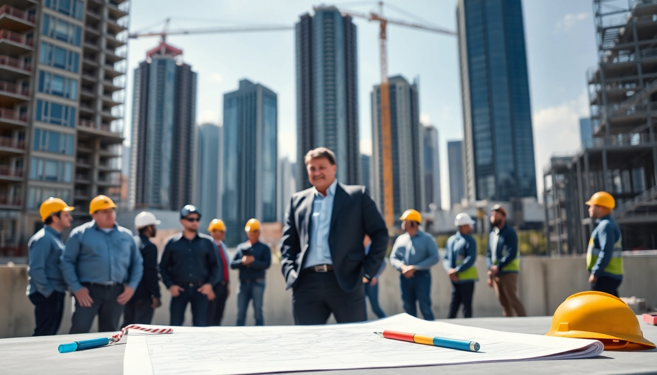 Manhattan Construction Manager supervising construction site operations with a bustling team.