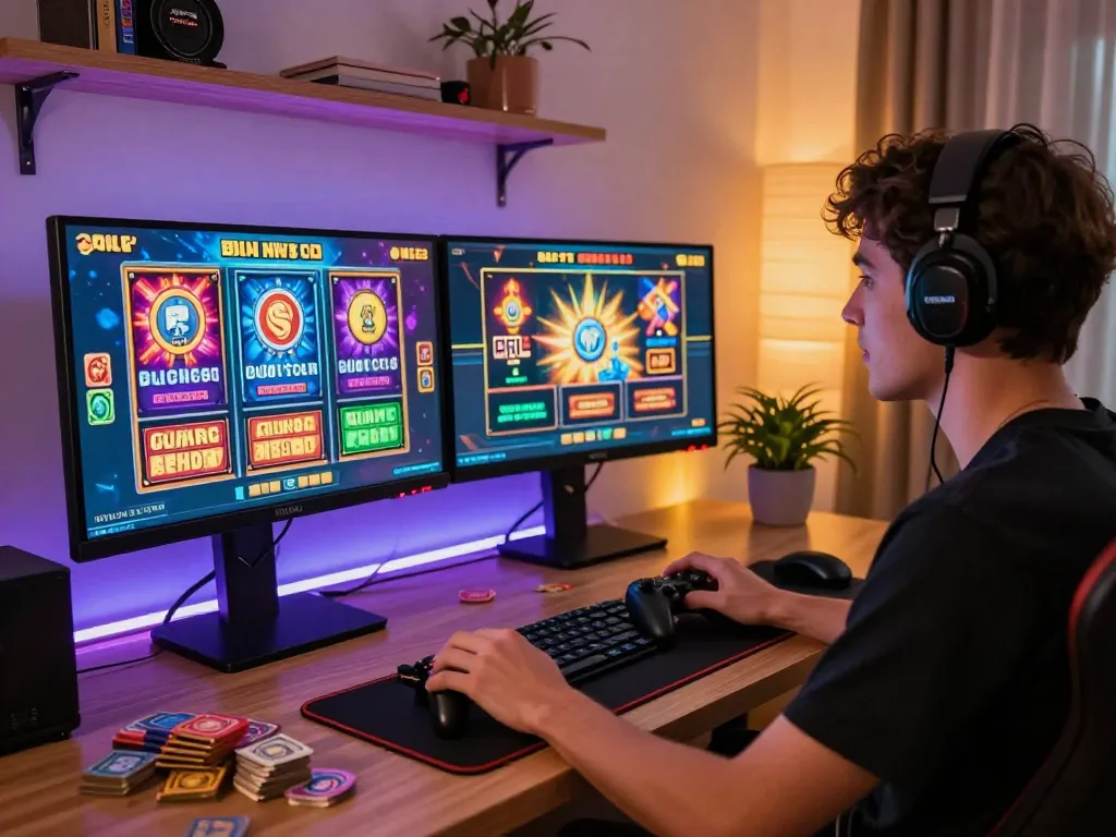 Experience the excitement of BIUSTOTO with a player enjoying thrilling online slot games at home in a modern gaming setup.