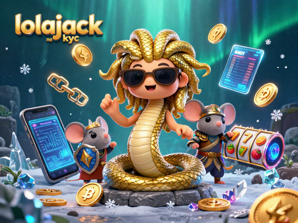 Engage in fun gambling at lolajack no kyc, a vibrant casino scene showcasing Medusa and a warrior mouse.